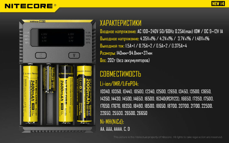 Зарядное устройство Nitecore I4 New (без автоадаптера)