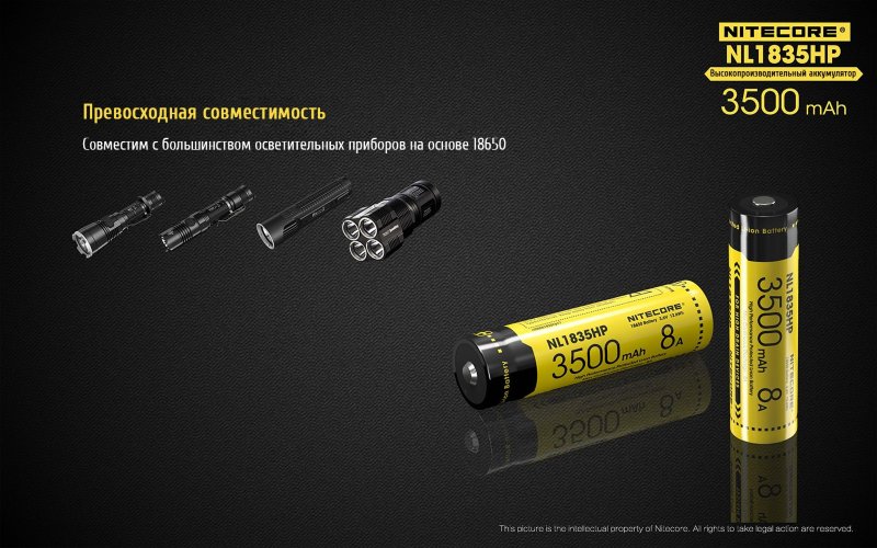 Аккумулятор Nitecore NL1835HP, 18650, 3500mAh (для TM28, EC23, Concept1)